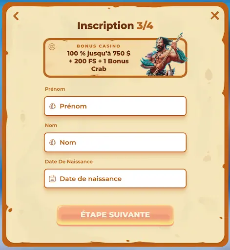 Informations personnelles requises – Étape 3 de l’inscription sur Posido Casino avec bonus sélectionné Étape 3 de l’inscription Posido Casino – formulaire pour le prénom, le nom et la date de naissance