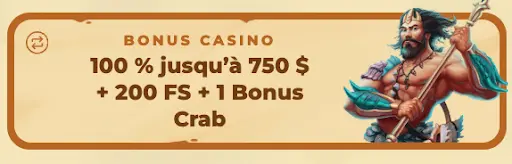 Offre de bienvenue Posido Casino – jusqu’à 750 $, 200 tours gratuits et 1 Bonus Crab Illustration du bonus de bienvenue Posido Casino avec un triton et l’offre 100 % jusqu’à 750 $ + 200 FS + 1 Bonus Crab