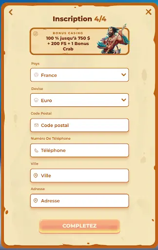 Étape 4/4 – Informations de contact pour finaliser l’inscription sur Posido Casino avec bonus sélectionné Formulaire final d’inscription sur Posido Casino – champs pour pays, devise, code postal, téléphone, ville et adresse