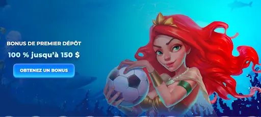 Bonus de premier dépôt – obtenez 100 % jusqu’à 150 $ Sirène aux cheveux rouges tenant un ballon de football – promotion de bonus de premier dépôt jusqu’à 150 $