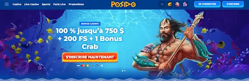 Offre de bienvenue Posido Casino : 100 % jusqu’à 750 $ + 200 tours gratuits + 1 Bonus Crab Page d'accueil Posido Casino avec offre de bienvenue 100 % jusqu’à 750 $ + 200 FS + 1 Bonus Crab