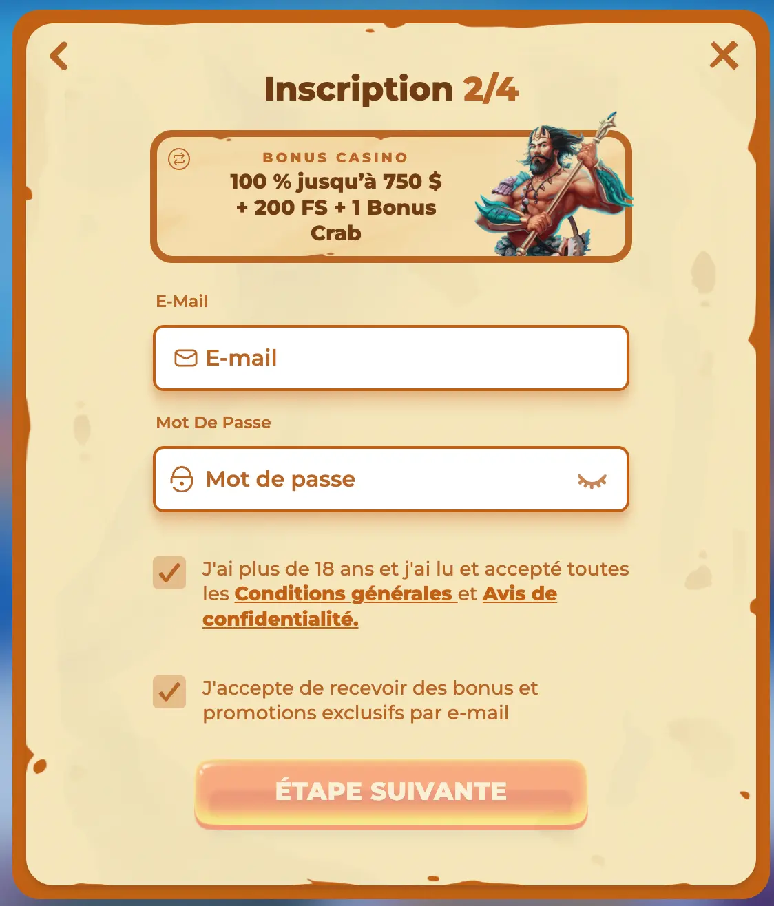 Inscription étape 2/4 sur Posido Casino avec 100 % jusqu’à 750 $ + 200 FS + 1 Bonus Crab Formulaire d'inscription étape 2 avec bonus de bienvenue Posido Casino