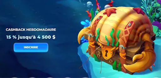 Cashback hebdomadaire 15 % až do výšky 4 500 $ + registrácia Truhlica v tvare kraba so zlatými klepetami a ponukou cashback bonusu až 4 500 $