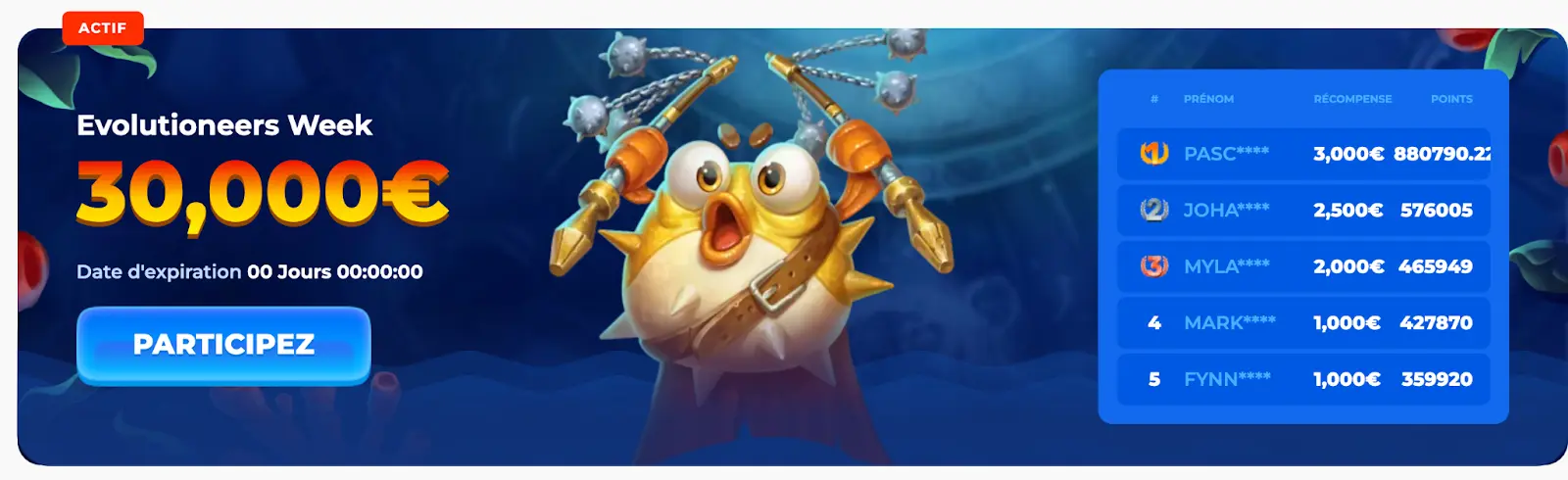 Classement du tournoi Evolutioneers Week sur Posido avec 30 000 € en prix Tournoi Evolutioneers Week chez Posido avec cagnotte de 30 000 €, récompenses des meilleurs joueurs et classement en temps réel