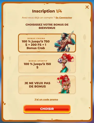 Choisissez votre bonus de bienvenue Posido : casino jusqu’à 750 $, sport jusqu’à 150 $, ou sans bonus Écran d’inscription Posido Casino – choix du bonus de bienvenue entre casino, sport ou aucun bonus