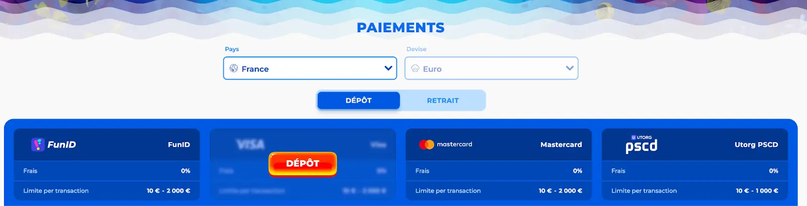 Options de paiement sur Posido avec dépôt instantané et limites entre 10 € et 2 000 € Méthodes de dépôt disponibles chez Posido : FunID, Visa, Mastercard, Utorg PSCD – sans frais