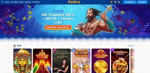 Offre de bienvenue Posido : 100 % jusqu’à 750 $ + 200 FS + 1 Bonus Crab Posido Casino – bonus de bienvenue jusqu’à 750 $, 200 tours gratuits et 1 Bonus Crab avec un roi des mers