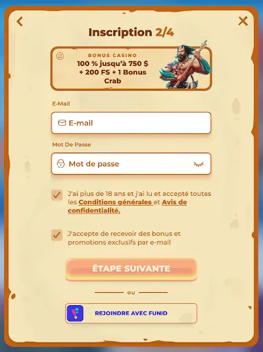 Saisie des informations de connexion Posido Casino – bonus de bienvenue jusqu’à 750 $ + 200 FS + 1 Bonus Crab Étape 2 de l’inscription Posido Casino – formulaire d’e-mail et mot de passe avec bonus casino sélectionné