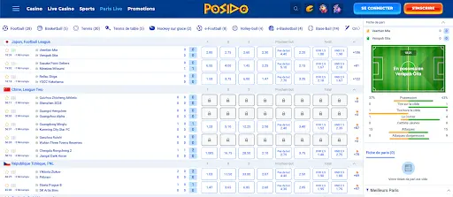 Interface de paris en direct Posido avec cotes en temps réel et statistiques des matchs Paris sportifs en direct sur Posido : Football, basketball, tennis et plus avec statistiques en temps réel